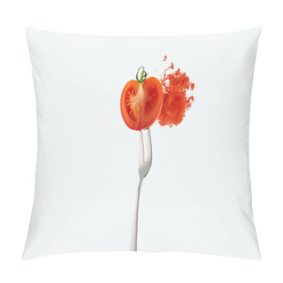 Personality  Half Of Tomato On Fork And Red Ink Isolated On White Pillow Covers