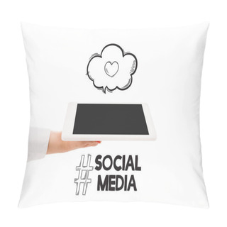 Personality  Cropped View Of Woman Holding Digital Tablet With Blank Screen And Social Media Illustration Isolated On White Pillow Covers