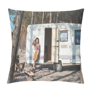 Personality  Beautiful Hippie Girl Posing Near Camper Van In Forest Pillow Covers