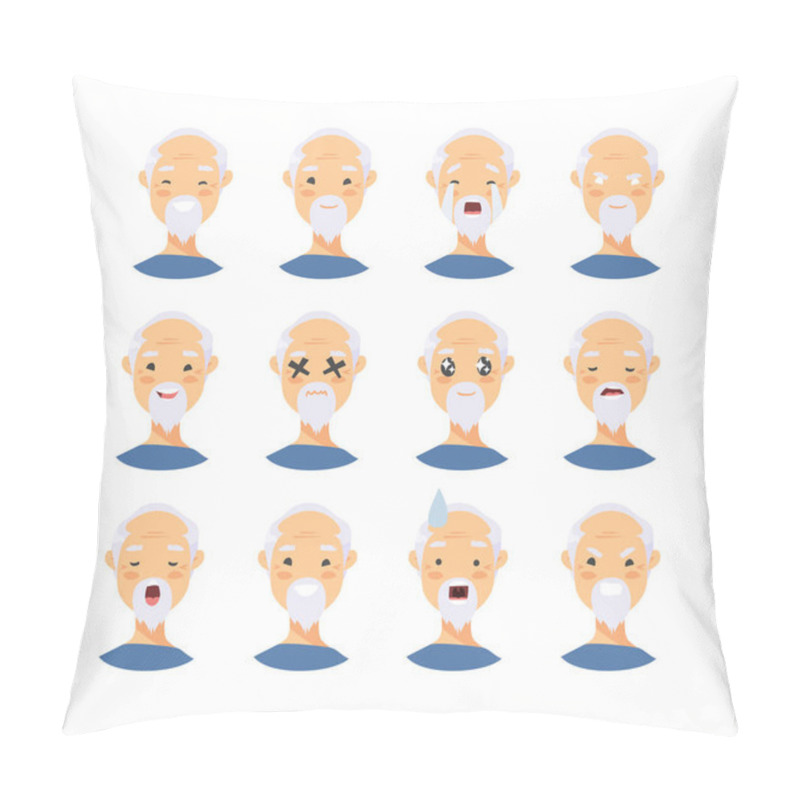 Personality  Set of asian male emotional characters. Cartoon style people emoticon icons. Holiday elderly  guys avatars. Flat illustration men faces. Hand drawn vector drawing emoji portraits pillow covers