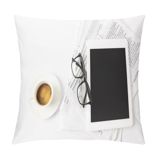 Personality  Top View Of Glasses, Cup Of Coffee, Digital Tablet And Pile Of Newspapers, On White Pillow Covers