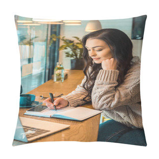 Personality  Attractive Female Freelancer Working With Planner, Smartphone And Laptop In Coffee Shop  Pillow Covers