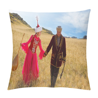 Personality  Kazakh Man And Woman In National Costumes In The Steppe Playing Dombyra And Dancing Pillow Covers