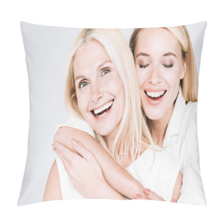 Personality  Happy Blonde Mature Mother And Young Daughter In Total White Clothes Embracing Isolated On Grey Pillow Covers