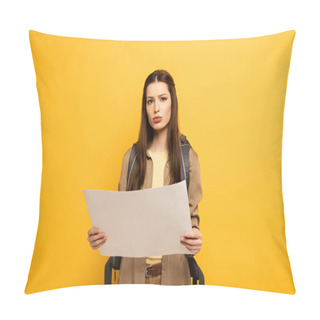 Personality  Pensive Female Tourist With Backpack Holding Map, Isolated On Yellow  Pillow Covers