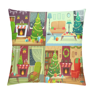 Personality  Christmas Room Interior. Xmas Home Decoration, Santa Gifts Under Traditional Tree And Winter Holiday House Interior Vector Illustration Pillow Covers