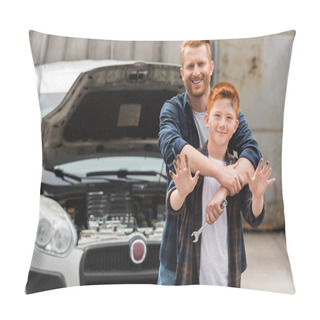 Personality  Father Hugging Son After Repairing Car And He Waving Hand Pillow Covers