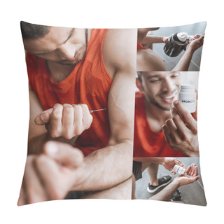 Personality  Collage Of Sportsman Making Doping Injection, Smiling, Holding Jar With Protein Powder, Probiotic Bottle And Pills  Pillow Covers