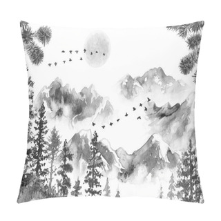 Personality  Ink Landscape With Mountains And Fir Trees Pillow Covers