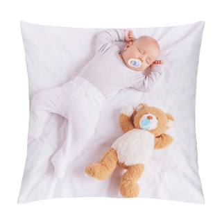 Personality  High Angle View Of Adorable Little Boy With Baby Dummy Sleeping With Teddy Bear  Pillow Covers