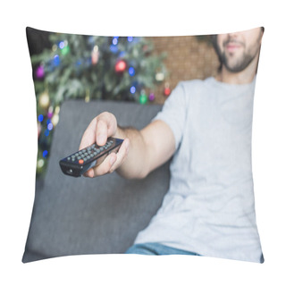 Personality  Close-up View Of Man Using Remote Controller While Sitting On Couch At Christmas Time Pillow Covers