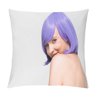 Personality  Fashionable Naked Girl In Purple Wig Isolated On Grey Pillow Covers