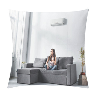 Personality  Attractive And Shocked Woman Sitting On Sofa And Looking Away  Pillow Covers