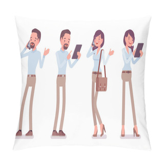 Personality  Smart Casual Man And Woman Standing With Gadgets Pillow Covers