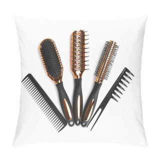 Personality  Set Of Modern Hair Combs And Brushes Isolated On White, Top View Pillow Covers