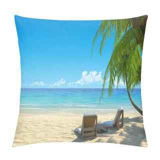 Personality  Two Beach Chairs On Idyllic Tropical White Sand Beach. Shadow From The Palm Trees. No Noise, Clean, Extremely Detailed 3d Render. Concept For Holidays, Spa, Resort Design. Pillow Covers