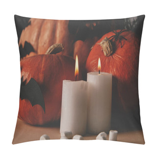 Personality  Candles With Flame, Pumpkins And Paper Bats On Table, Halloween Concept Pillow Covers