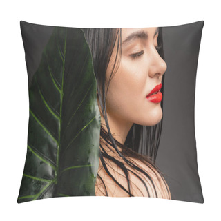 Personality  Charming Young Woman With Brunette And Wet Hair, Red Lips And Perfect Skin Posing With Closed Eyes Next To Blurred Tropical Green Palm Leaf Isolated On Grey Background  Pillow Covers