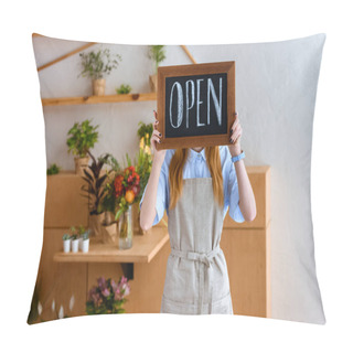 Personality  Young Female Florist In Apron Hiding Face Behind Open Sign In Flower Shop  Pillow Covers