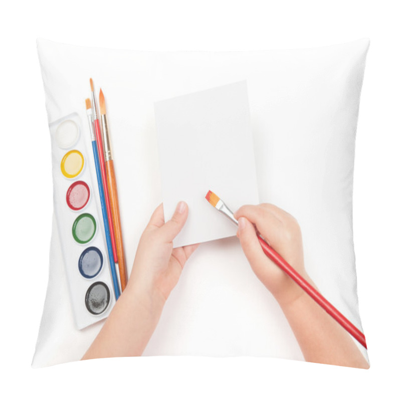 Personality  blank sheet in child hand with watercolor brush pillow covers