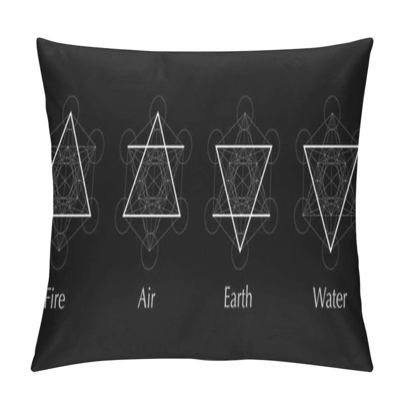 Personality  Four Elements Icons, Line, Triangle And Round Symbols Set Template. Air, Fire, Water, Earth Symbol. Pictograph. Alchemy Symbols Isolated On Black Background. Magic Vector Decorative Elements Pillow Covers