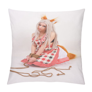 Personality  Charming Frightened Blonde Girl In A Fox Costume With Fur Ears And A Fluffy Orange Tail Sits On Her Knees With Her Hands Tied With A Hemp Rope On A White Background In The Studio Pillow Covers