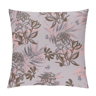 Personality  Beautiful Monochrome Seamless Pattern With Watercolor Stylized Contour Flowers And Palm Leaves. Summer Botanical Print. Pillow Covers