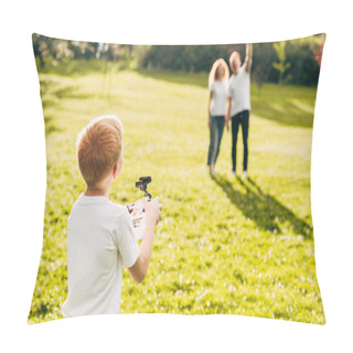 Personality  Boy Playing With Drone While Parents Standing Behind At Park Pillow Covers