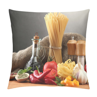 Personality  Pasta Spaghetti, Vegetables And Spices, On Wooden Table, On Grey Background Pillow Covers