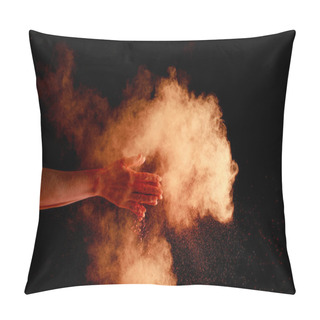 Personality  Female Hands Near Orange Colorful Holi Paint Explosion On Black Background Pillow Covers