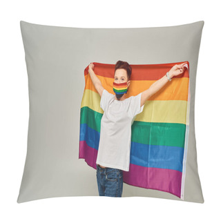 Personality  Redhead Queer Model In White T-shirt And Rainbow Colors Medical Mask Holding LGBT Flag On Grey Pillow Covers