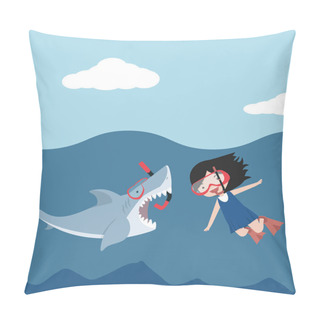 Personality  Cute Flat Shark Open Mouth With Girl Diving Equipment Pillow Covers