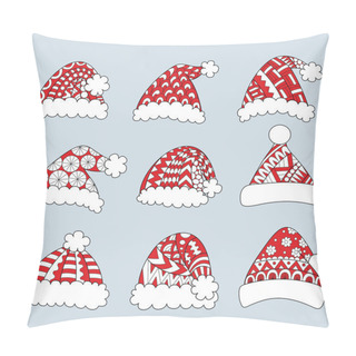 Personality  Set Of Red Santa Hats Isolated On White Background For Design Element And Coloring Book Page. Vector Illustration Pillow Covers