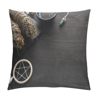 Personality  Dreamcatcher With Smudge Sticks, Magic Crystal And Bowl Of Ash On Black Wooden Background Pillow Covers