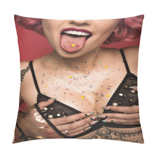Personality  Cropped Image Of Pink Haired Girl With Tattoos In Lingerie Sticking Tongue Out Pillow Covers