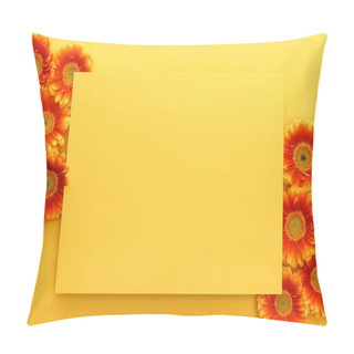 Personality  Top View Of Orange Gerbera Flowers With Petals And Yellow Card On Yellow Background Pillow Covers