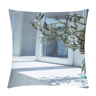 Personality  Closeup View Of Bottle With Olive Branches On Window Sill With Shadow  Pillow Covers