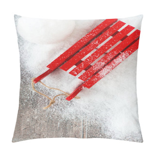 Personality  Top View Of Red Sledge And Snowball In Snow And On Wood Pillow Covers
