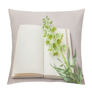 Personality  Open Notebook Or Sketchbook And Blooming Fritillaria Persica 'Ivory Bells'  On A Gray Table. Flat Lay . Background For A Calendar, Banner Or Social Media Post. Place For Text. Pillow Covers