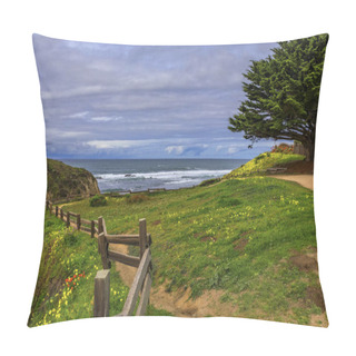 Personality  Path Leading To The Pacific Ocean In Northern California Beyond A Green Hill Covered In Spring Flowers, Moss Beach Near San Francisco On A Cloudy Day Pillow Covers