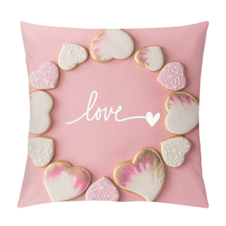 Personality  Flat Lay With Arrangement Of Glazed Heart Shaped Cookies Isolated On Pink Surface Pillow Covers