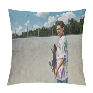 Personality  A Young Man Confidently Holds His Skateboard In A Vibrant Skate Park On A Sunny Summer Day. Pillow Covers