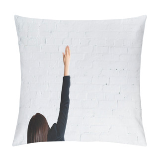 Personality  Back View Of Woman Voting With Hand In Air Against White Brick Wall Pillow Covers