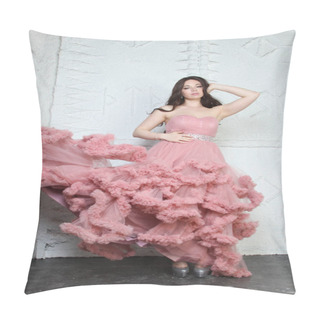Personality  Portrait Of Fashionable Young Beauty Girl In Big Long Evening Pink Dress Pillow Covers