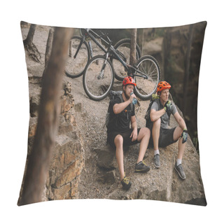 Personality  High Angle View Of Young Trial Bikers Relaxing On Rocky Cliff After Ride And Having Meal Pillow Covers