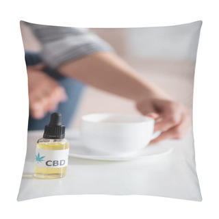 Personality  Selective Focus Of Bottle With Cbd Lettering Near Mature Woman Touching Cup Of Tea Pillow Covers