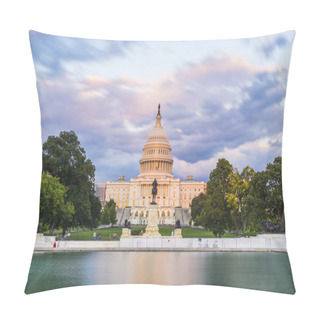 Personality  The United States Capitol Building At Sunset Wirh Reflection In Water. Pillow Covers