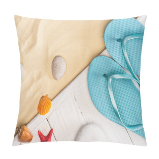 Personality  Top View Of Seashells Near Starfish And Blue Flip Flops On White Wooden Planks And Sand Pillow Covers