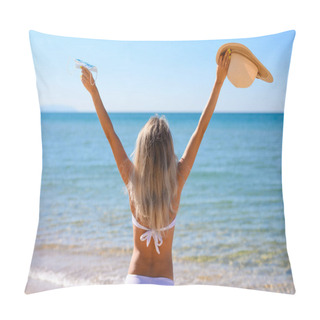 Personality  A Girl In A White Bathing Suit Stands By The Sea With Her Arms R Pillow Covers