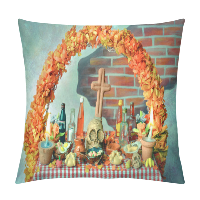 Personality  Traditional mexican Day of the dead altar with pan de muerto and candles pillow covers